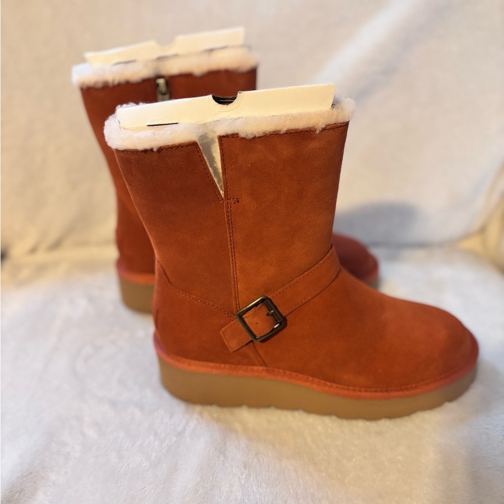 Koolaburra Orange Suede Shearling Mid-Calf Boots with Buckle NEW - Picture 3 of 9